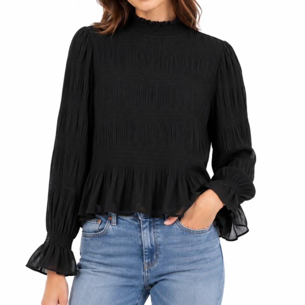 Adrianna Papell Black Pleated Mock Neck Blouse Long Sleeve Ruffle Hem Size S